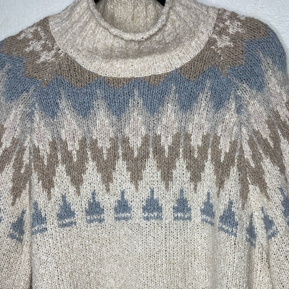 American Eagle Fair Isle Cream Blue Turtleneck Knit Sweater Cozy Winter Size Lg - Picture 6 of 13